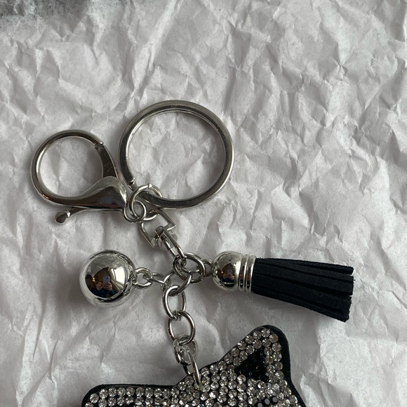Crystal Kitty Cat Bag Charm Keychain with Silver Tone Hardware Tassel New - Picture 6 of 8